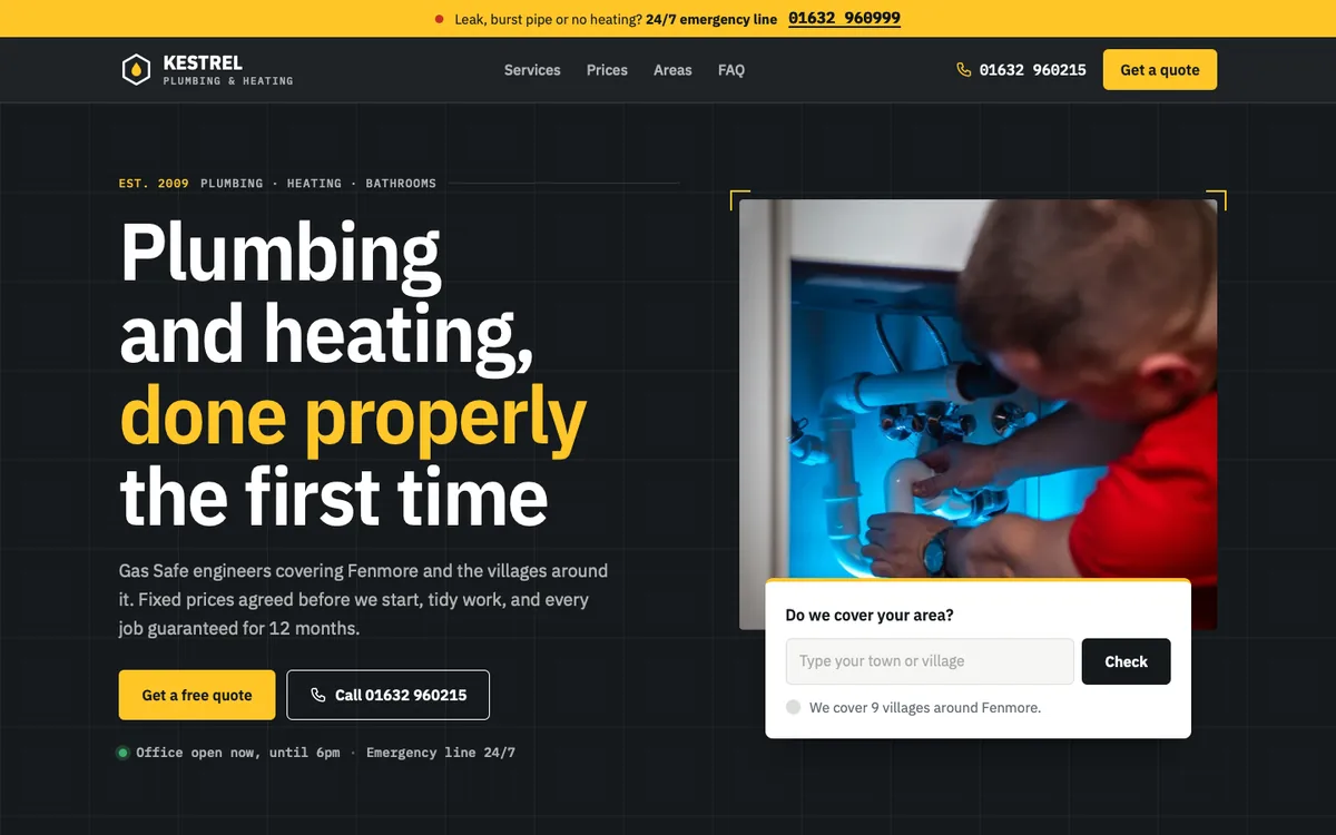 The home page of the Kestrel Plumbing & Heating website