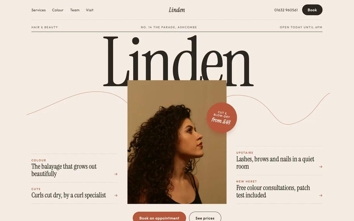 The home page of the Linden Hair & Beauty website